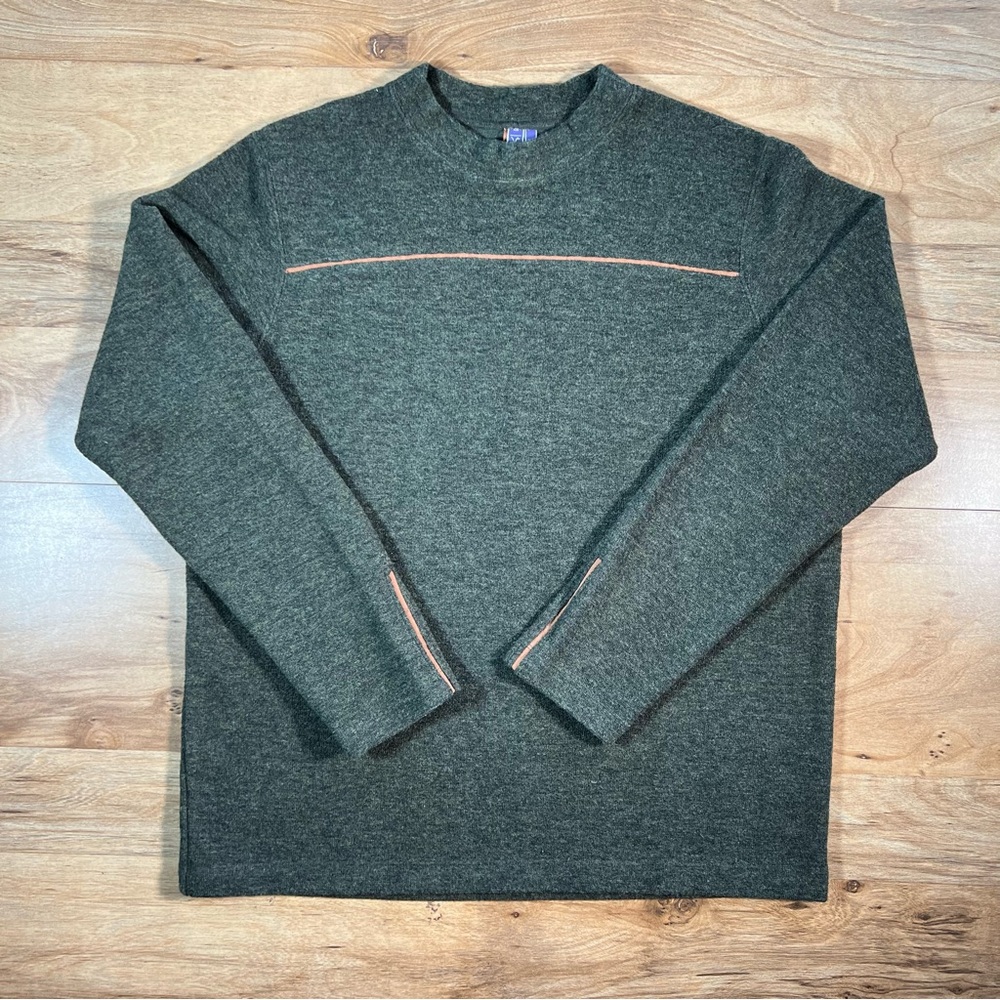 IBEX Men's XL Shak Merino Wool Pullover Sweater Dark Green Brown Trim USA Made